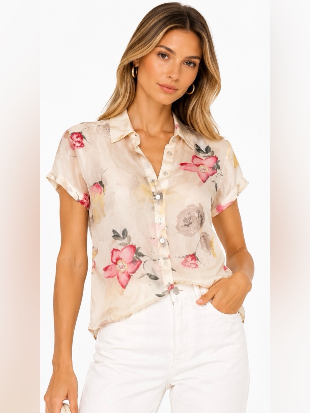 TESS 100% Silk Floral Button-Up Blouse Size 12 Ivory Pink Short Sleeve